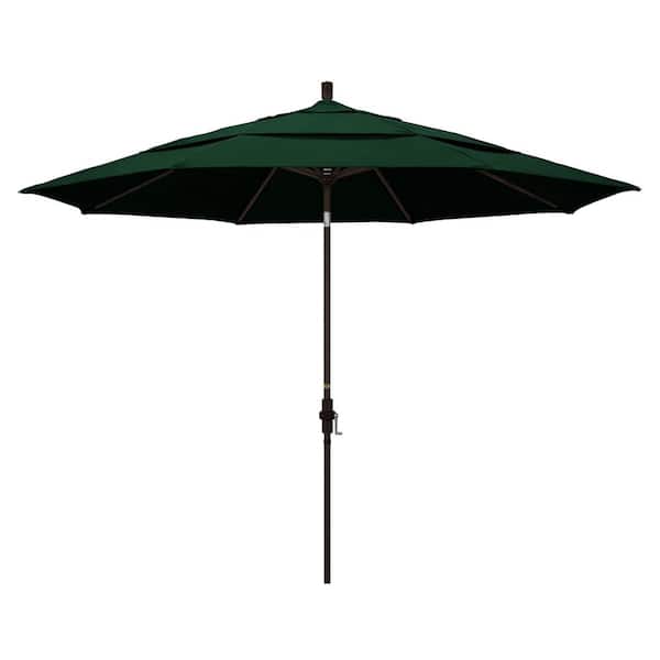 California Umbrella 11 ft. Bronze Aluminum Market Patio Umbrella with Crank Lift in Forest Green Sunbrella