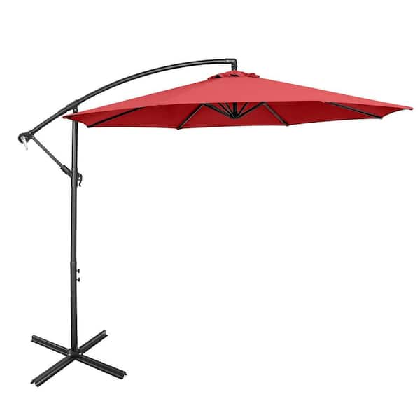 WELLFOR 10 ft. Steel Cantilever Tilt Patio Umbrella with 8 Ribs and Cross Base in Red
