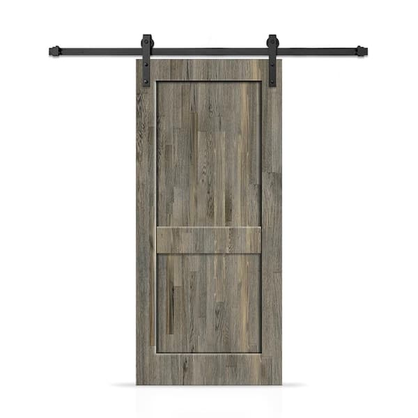 CALHOME 32 in. x 96 in. 2 Panel Shaker Hollow Core Weather Gray Stained Pine Wood Interior Sliding Barn Door with Hardware Kit
