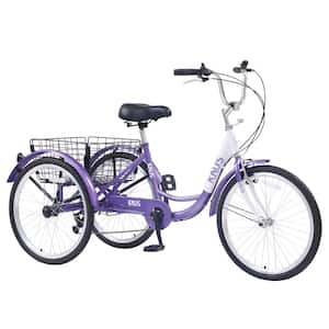 24 in Steel Adult 7 Speed Cruiser Bike in Purple with 3-Wheel and Shopping Basket