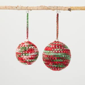 4.5" and 6" Red & Green Festive Knit Ball Ornament (Set of 2)