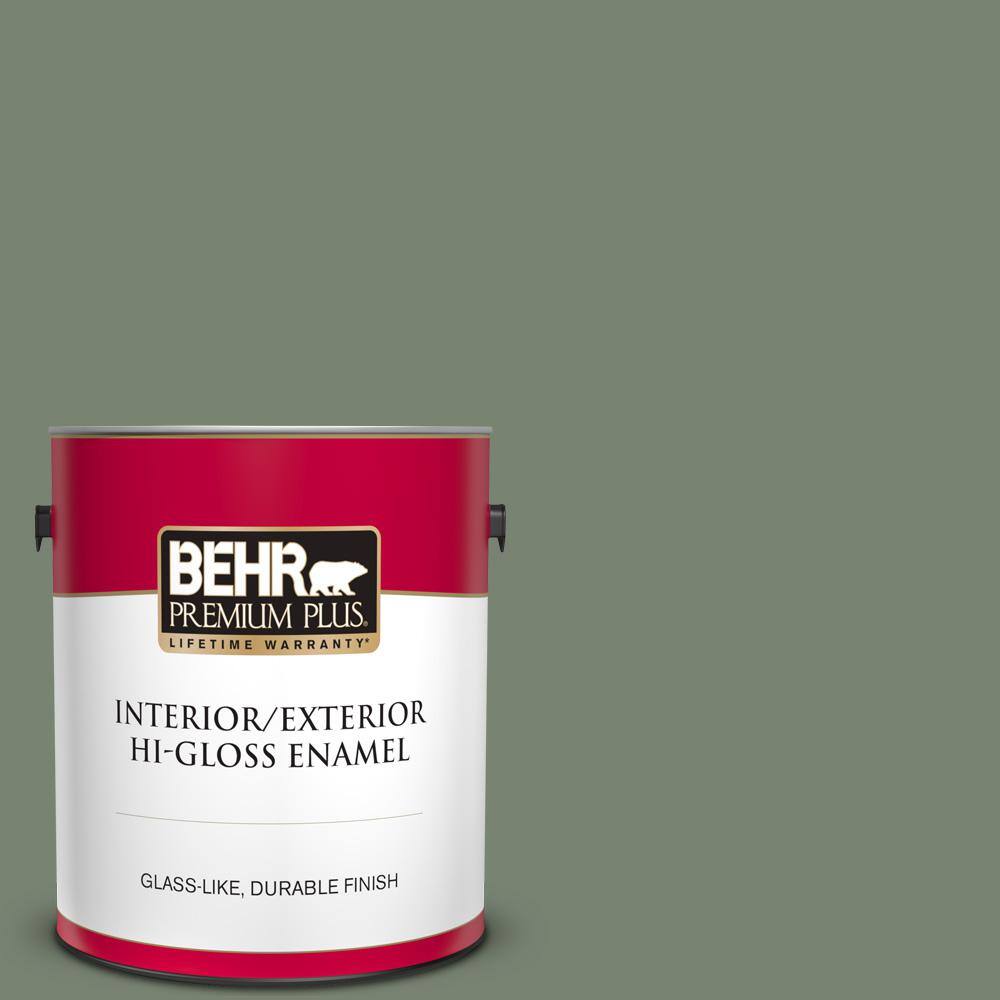 Behr Premium Plus 1 Gal Icc 77 Sage Green Hi Gloss Enamel Interior Exterior Paint 830001 The Home Depot