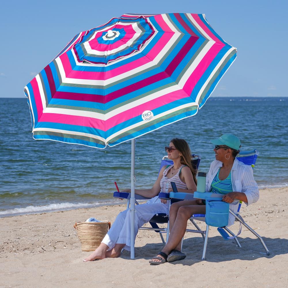 1 New Rio Brands 7' UPF 50+ Beach Umbrella with Integrated Sand Anchor, Multicolor