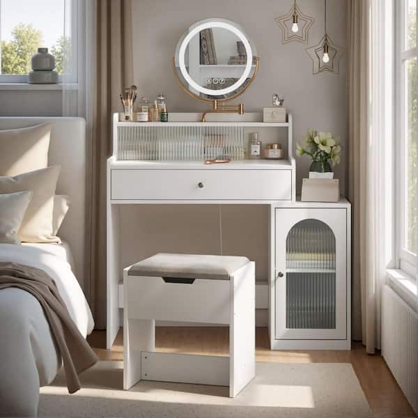 IDEAGLE 38.5 in. W White Makeup Vanity Set with Mirror and Light, Storage Chair and Side Cabinet with Waveform Glass Doors