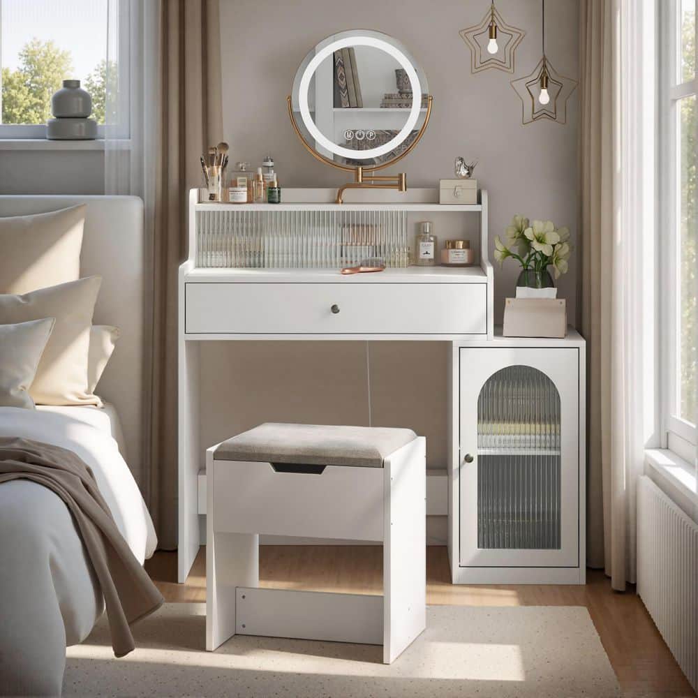38.5 in. W White Makeup Vanity Set with Mirror and Light, Storage Chair and