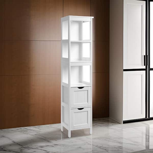 Benjara 55.71 in. Tall White Wood 3-Shelf Standard Bookcase with 2 Compartments