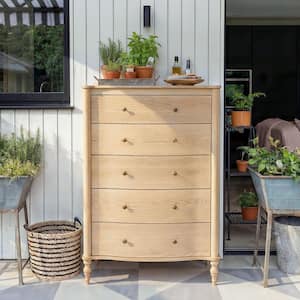 Natural 5-Drawer 32.8 in. Wide Bedroom Dresser without Mirror with Solid Wood Legs, Curved Drawer, 5-Drawer for Living