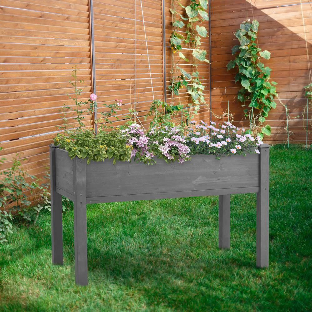 Gray Wooden Rectangular Elevated Raised Garden Bed for Outdoor Gardening