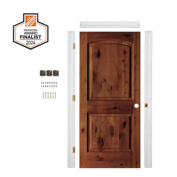 DIY RTA Kit 30 in. x 80 in. Arch Top Craftsman Knotty Wood Left-Hand Red Stain Single Ready To Assemble Interior Door