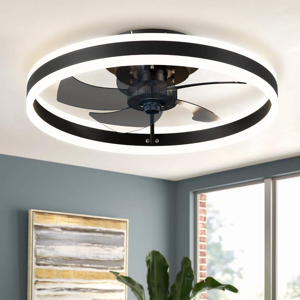 11.02 in. Indoor Low Profile Modern Black Double Lite Ceiling Fan Light with LED Lighting App and Remote, Dimmable -  Tivleed, FLB401D08