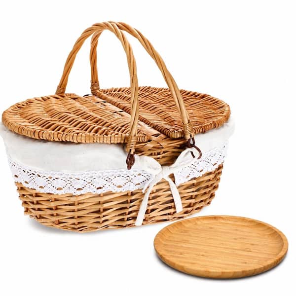 4-Person White Wicker Picnic Basket Set with Blanket, Bamboo Plates and Washable Cotton Liner