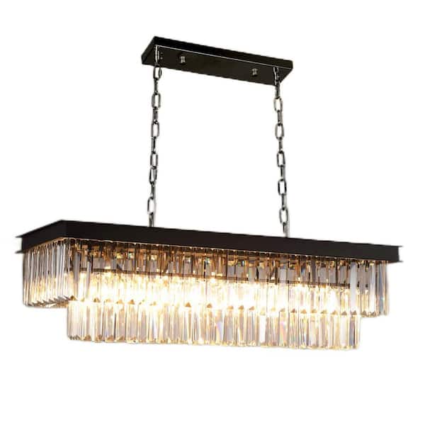 Depuley 39 in. 10-Light Black Rectangle Crystal Chandelier, Modern Luxury Pendant Light for Dining Room, Bulbs Included