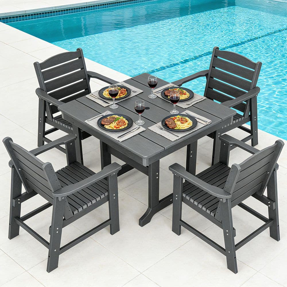 5-Piece Gray HDPE Plastic Outdoor Dining Set, Table with Umbrella Hole and 4-Ladder Back Chairs for Poolside, Patio price history on PriceWatchPro