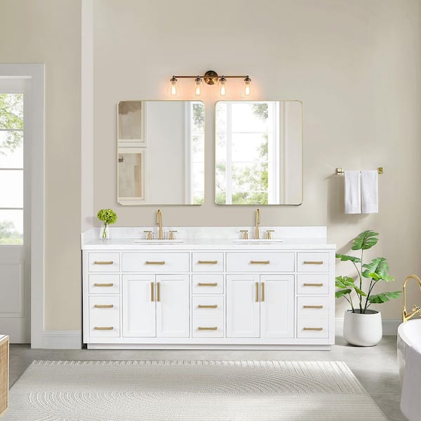 Gavino 84 in.W x 22 in.D x 34 in.H Bath Vanity in White with Grain White Composite Stone Top and Mirror