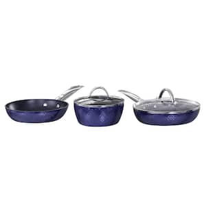 3-Piece Blue Stainless Steel Non-Stick Ceramic Cookware Set with Induction Fry Pan and Pot Saucepan with Lid