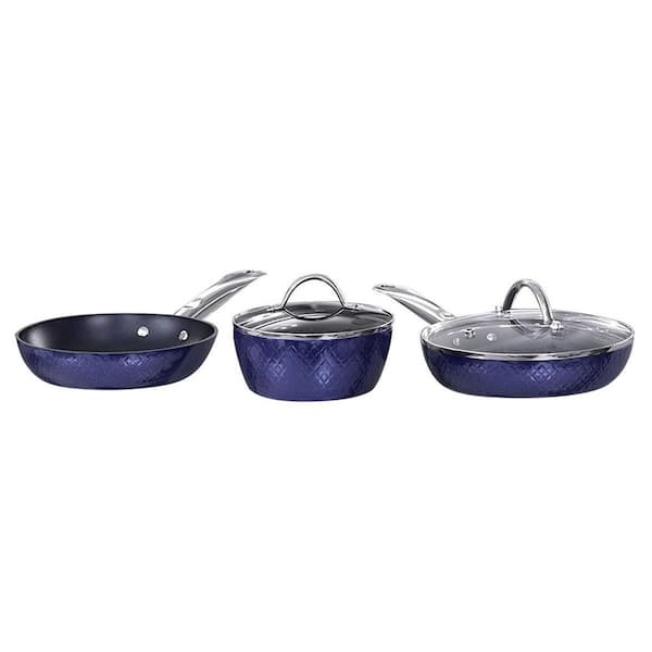 Amucolo 3-Piece Blue Stainless Steel Non-Stick Ceramic Cookware Set with Induction Fry Pan and Pot Saucepan with Lid