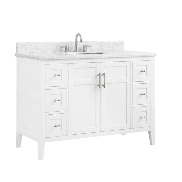 Home Decorators Collection Sturgess 43 in. W x 22 in. D x 35 in. H Single Sink Freestanding Bath Vanity in Navy Blue with Carrara Marble Top