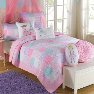 Pastel Spring Floral Polka Dot 3-Piece Pink Purple Printed Patchwork Cotton Queen Quilt Bedding Set