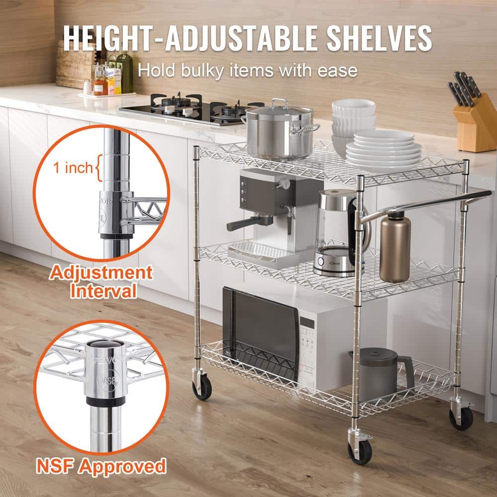 Silver 3-Tier Steel Utility Cart with Hooks and Wheels