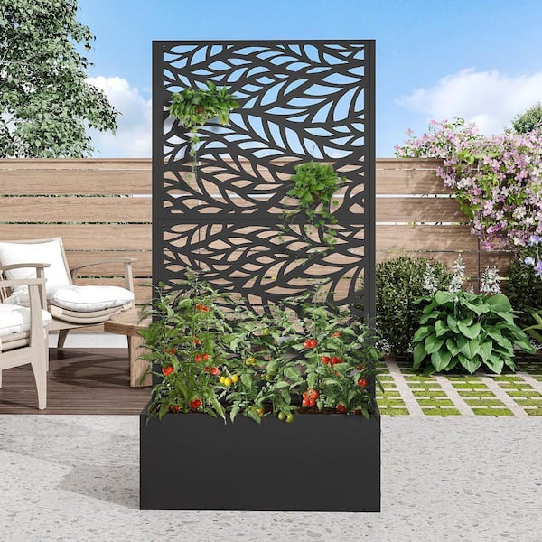 59 in. H x 30 in. W Rectangular Black Outdoor Metal Privacy Screen Planter Box Wall Decor
