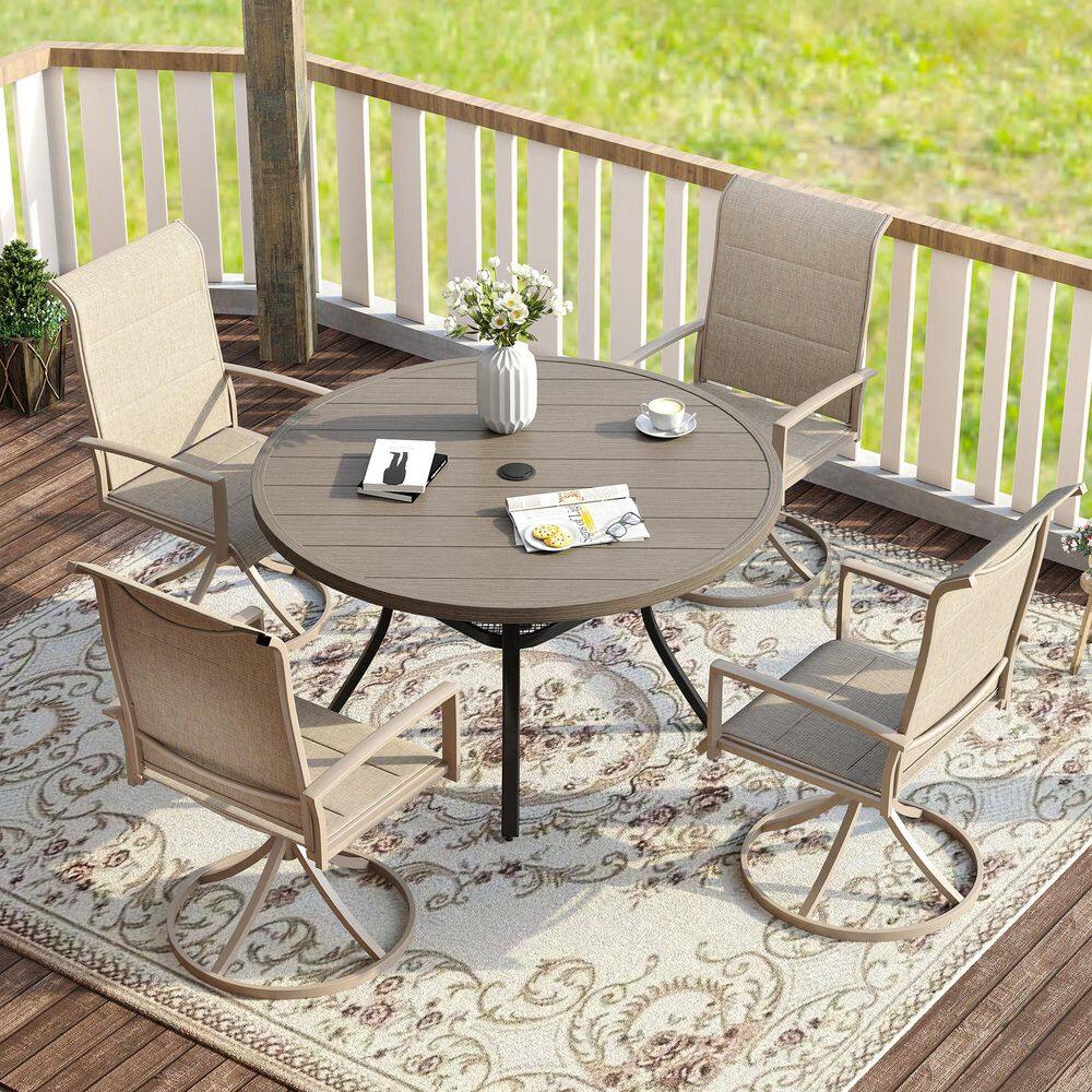 5-Piece Metal Outdoor Dining Set with Gray Wood-Like Round Table and 4 Sandshell Swivel Dining Chairs for 4 Person price history on PriceWatchPro