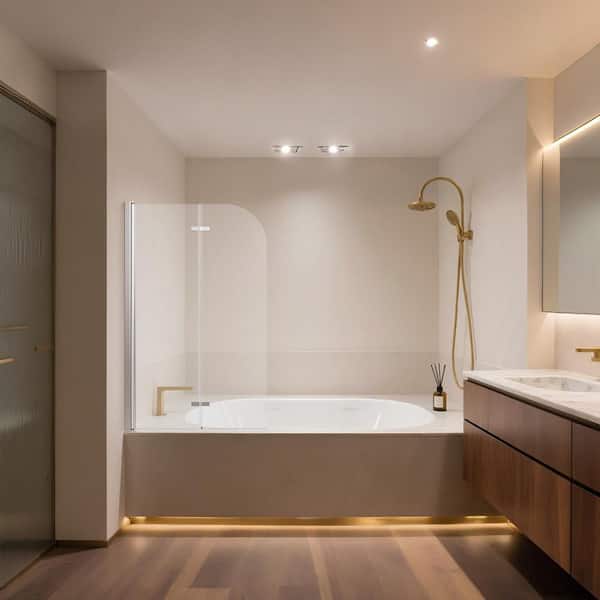 Kuomih 34 in. W x 58 in. H Bi-Fold Tub Door Frameless Tub ShowerDoor in Chrome w/ 1/4 in. Tempered ClearGlass Pivot Shower Door