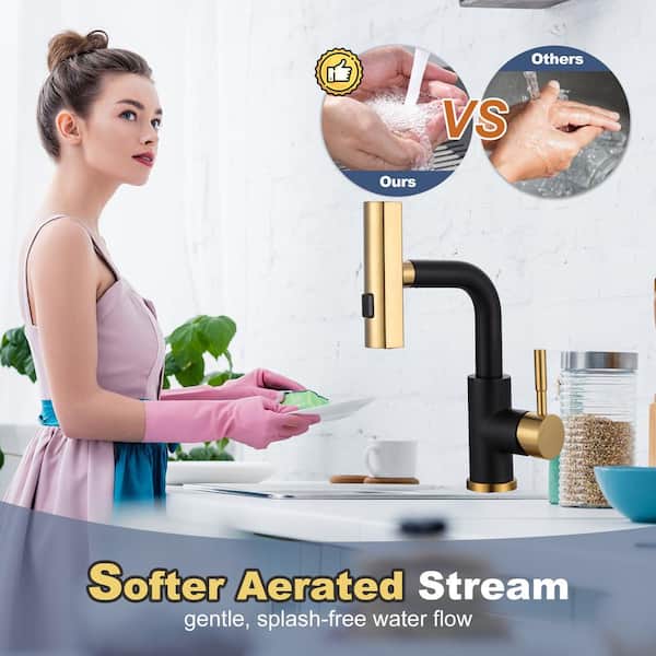 3-Modes Single Handle Stainless Steel Waterfall Bar Faucet with Pull Down Sprayer and Deckplate in Black and Gold