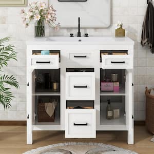 36 in. W Single Sink Bath Vanity in White with White Resin Top, Bathroom Storage Cabinet with 4-Drawers