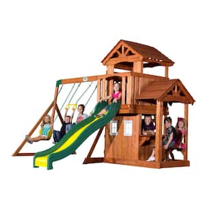 Tanglewood All Cedar Swing Set Playset with Fort, Belt Swings, Trapeze, Rock Wall, Wave Slide, Snack Counter and Bench