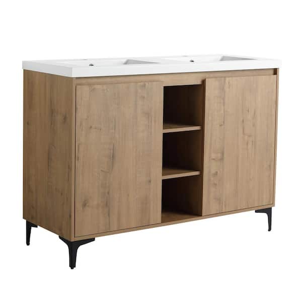 ANGELES HOME 48 in. W x 18 in. D x 34.6 in. H Freestanding Bath Vanity in Oak with White Resin Top, Double Sink, Soft Closing Door