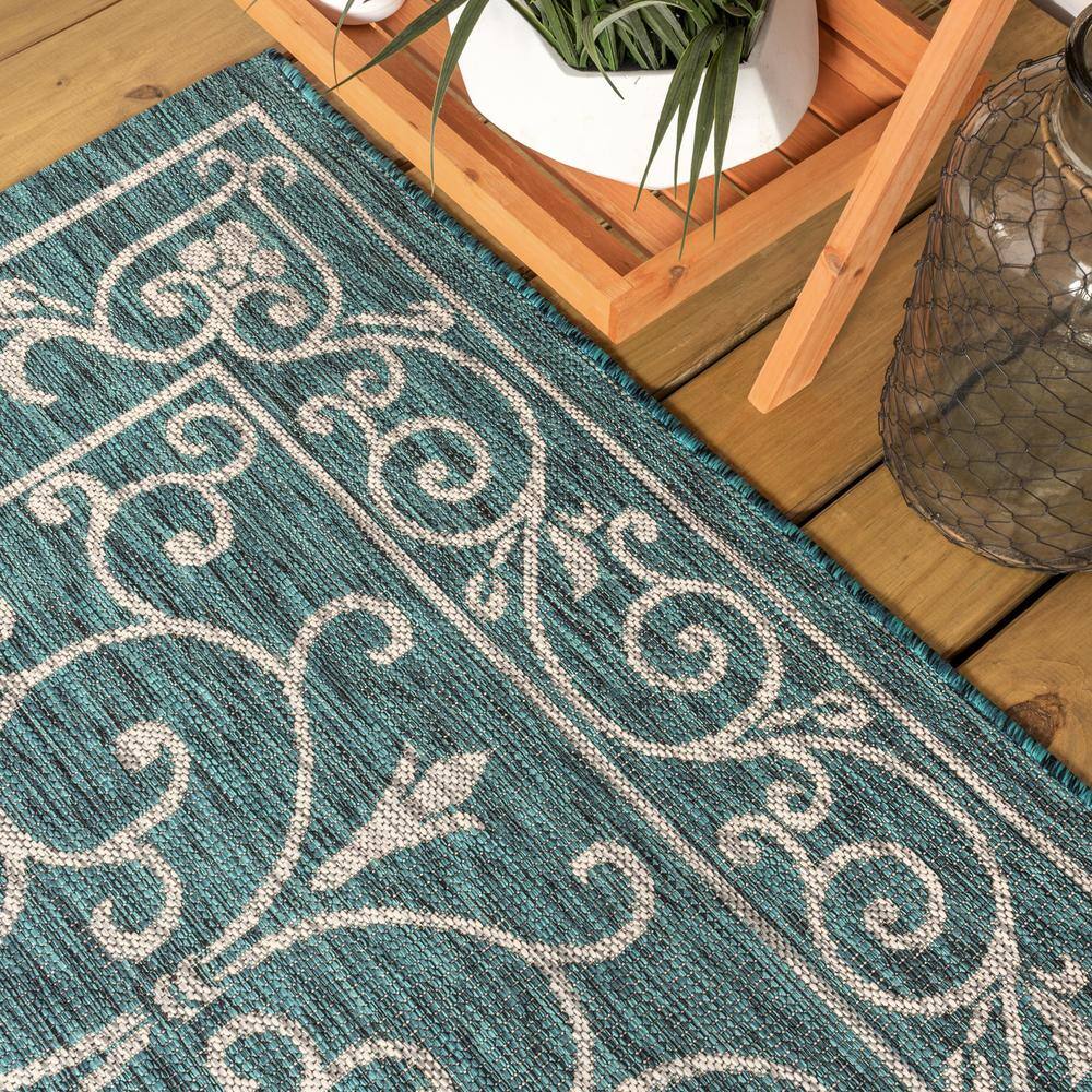 Teal & Gray Vintage Boho-Chic Filigree 9'x12' Indoor/Outdoor Rug