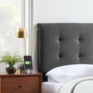 Alex 62.2 in. W Charcoal Upholstered Queen Square-Tufted with 2-Dual USB Ports Headboard