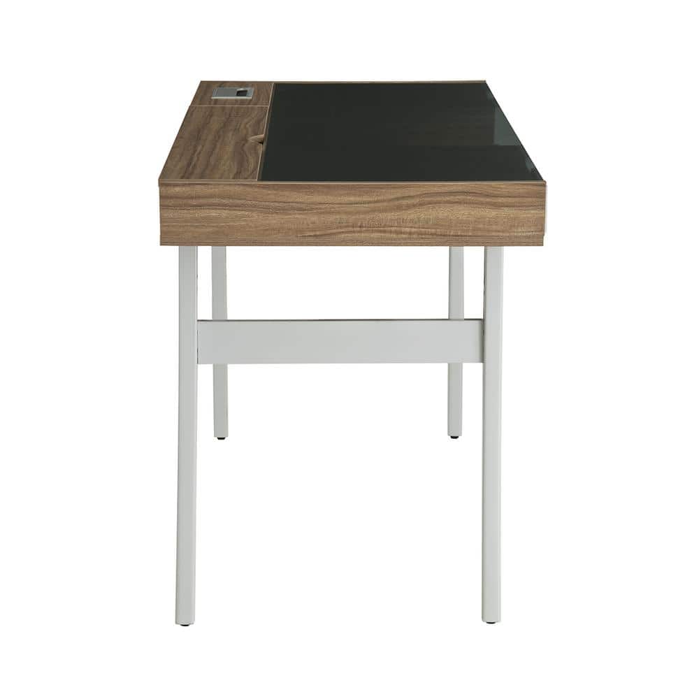 Modern Black Glass and Walnut Computer Desk with Storage