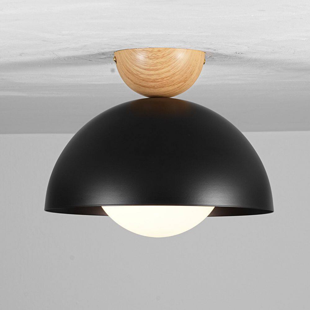 Cyren 11.8 in. 1-Light Matte Black Modern Dome Single Flush Mount with Opal Glass Globe and Wood-Grain Accent price history on PriceWatchPro