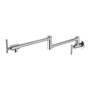 Wall Mounted Folding Pot Filler with Double-Handle Brass Stretchable Kitchen Sink Faucet in Brushed Nickel