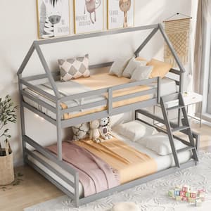 Gray Twin Over Full Wood House Bunk Bed with Triangle Roof, Farmhouse Style Low Kids Bunk Beds, No Box Spring Needed