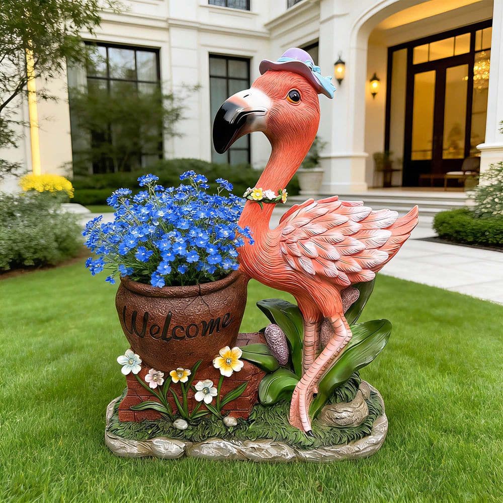Outdoor Pink Resin Flower Pot, Garden Sculpture Flamingo Flower