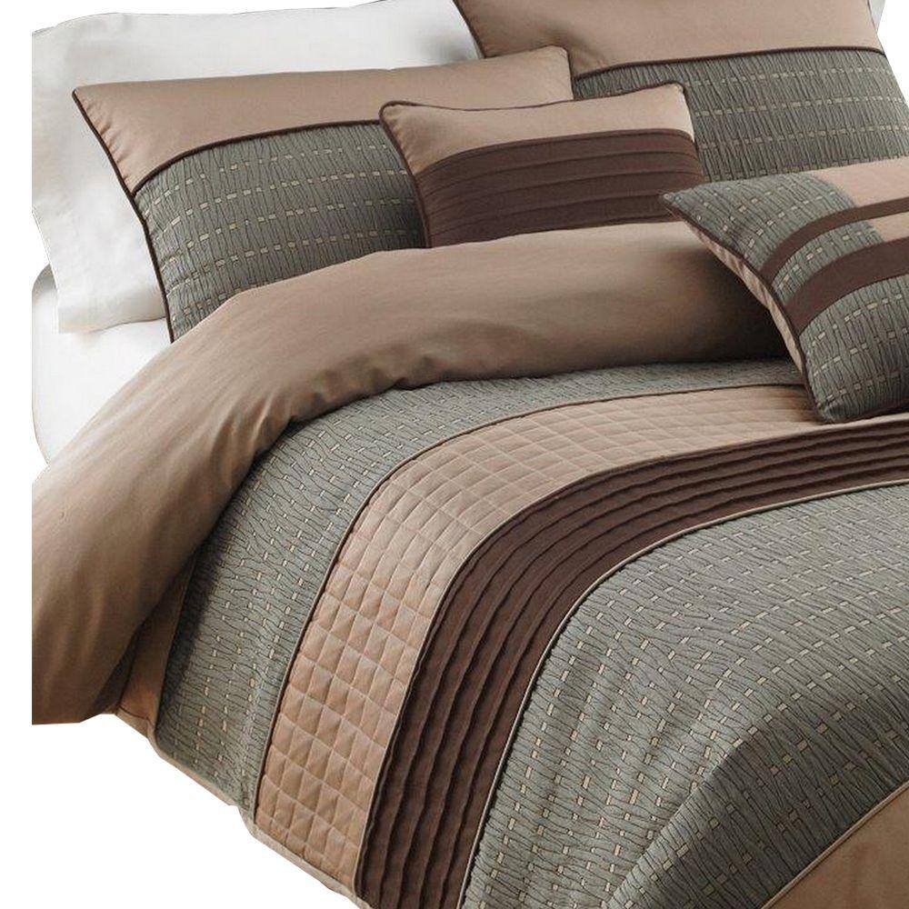 Gray and Brown Microfiber Queen Comforter Set with Pleats