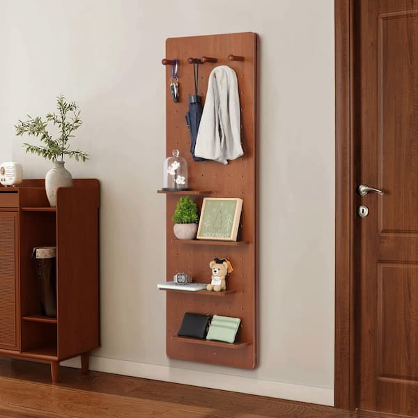 Modern Walnut Rubber Wood 47.6 in. Wx15.7 in. H Wall Mounted Full Length Rectangle Framed Mirror with Shelf for Entrance