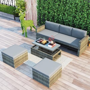 Gray 4-Piece Wicker Outdoor Sectional Sofa Set with Gray Cushions
