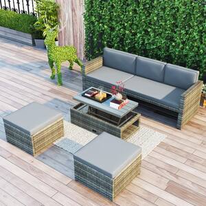 Gray 4-Piece Wicker Outdoor Sectional Sofa Set with Gray Cushions and Retractable Table