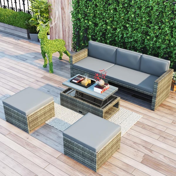 Harper & Bright Designs Gray 4-Piece Wicker Outdoor Sectional Sofa Set with Gray Cushions and Retractable Table