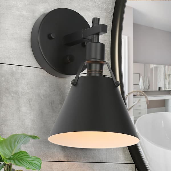 Home Decorators Collection Granville Collection All Black Vanity Wall Sconce 1-Light Industrial Bathroom Lighting with Bell/Cone-shaped Shade