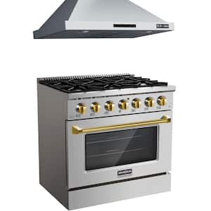 36 in. 870 CFM Wall-Mount Range Hood and 36 in. 5.2 cu. ft. Gas Range with Convection Oven with Gold Knobs and Handle