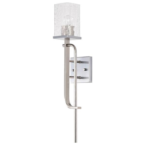 SATCO Terrace 4.5 in. 1-Light Polished Nickel Wall Sconce with Crackel Glass Shade