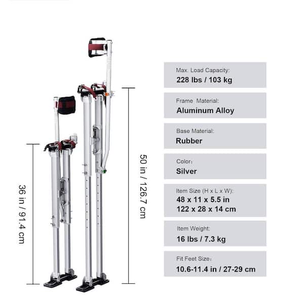 36 in.-50 in. Adjustable Aluminum Drywall Stilts with Protective Knee Pads, Durable Non-slip Tools for Painting, Silver