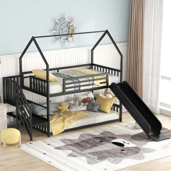 Polibi Black Twin Size Metal Bunk Bed House Bed with Slide and Staircase