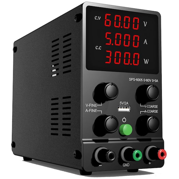 0-60V 0-5A DC Power Supply Variable with High Precision 4-Digit LED Display, 5V/2A USB Port, Coarse and