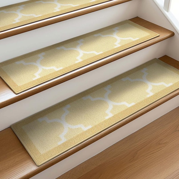 Kings Court Brooklyn Trellis Beige Modern Lattice Rubber Back Non-Skid 9 in. x 31 in. Stair Tread Cover (Set of 7)
