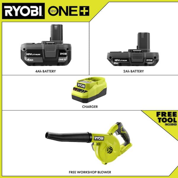 ONE+ 18V Lithium-Ion Kit with 2.0 Ah and 4.0 Ah Batteries, Charger, and ONE+ 18V Cordless Compact Workshop Blower